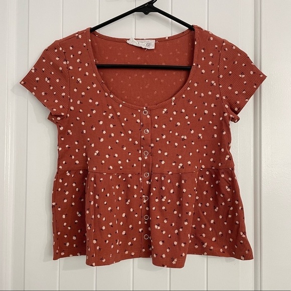 Pink Rose Tops - Pink Rose Waffle Knit Rust Orange Floral Prints Crop Top